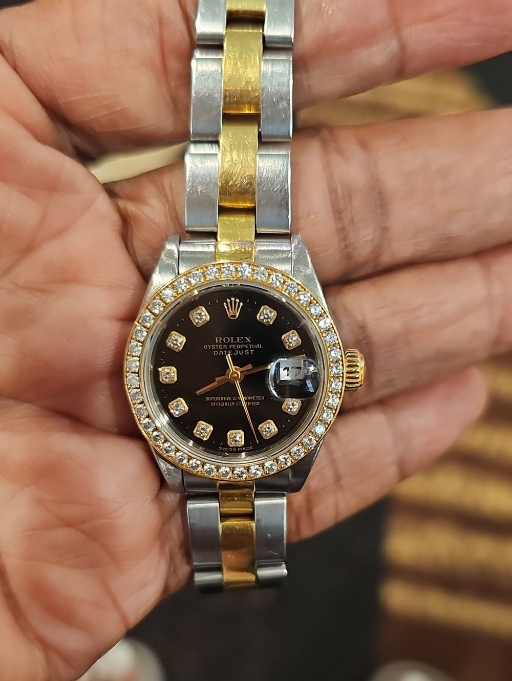 Rolex Two-Tone Gold and Silver Women's Watch with Black Dial and Diamond Markers